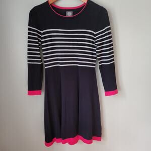 Vince Camuto Long Sleeve A Line Navy Blue and Pink Stripe Sweater Dress